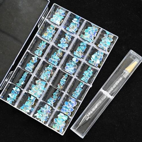 1 Box AB Color/Red/Blue/Sea blue Nail Rhinestones Bulk -1pc Dotting Pen Crystal Gems Nail Art Decoration Glass Stones Kit SEY-09