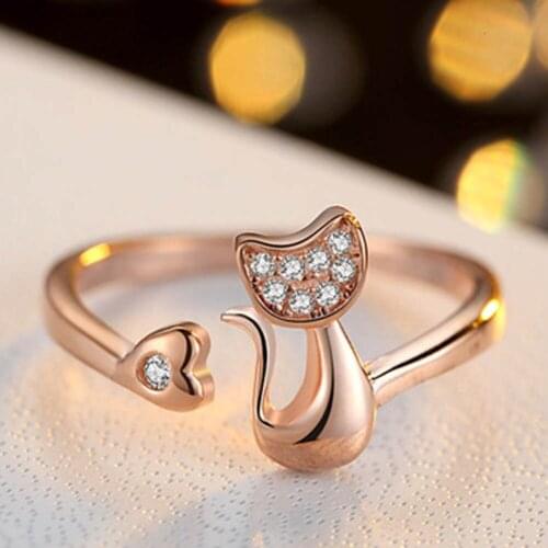 Love Heart Cute Little Cat Shaped Opening Ring Rose Gold Color Rhinestones Inlaid Fashion Cute Ring