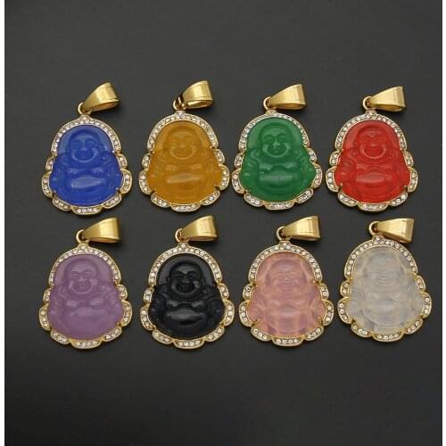 Buddha Necklace for Women Men Punk Jewelry Stainless Steel Chain Colorful Jades Chalcedony Stone Pendant Necklace Reiki Healing