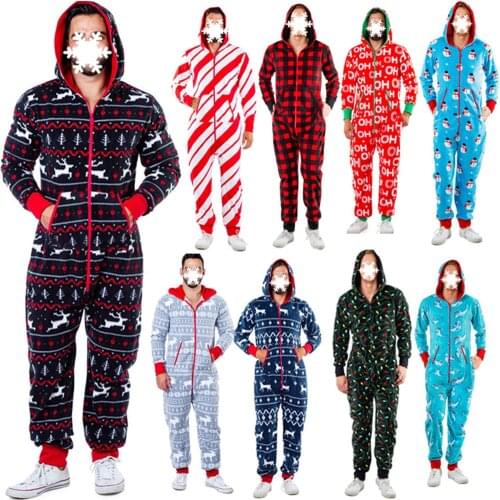 Christmas Sleepwear Men Autumn Winter Warm Elk Snowman Print Long Sleeve Pajamas Jumpsuit Leisure Soft Home Clothes