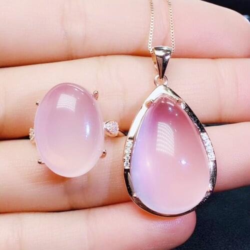 Per jewelry Natural real rose quartz drop style big jewelry set 1pc 7.5ct ring 1pc 11ct pendant 925 sterling silver J20476