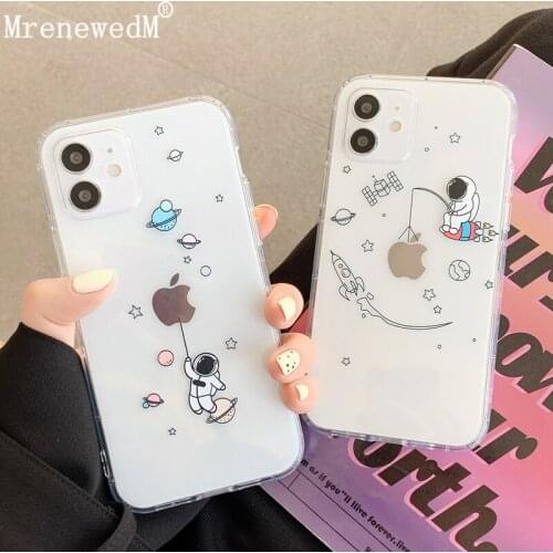For iPhone 11 Cute Astronaut Transparent Silicone Phone Case For iPhone 12 Pro X XR XS Max 12Mini 7 8 Plus Soft Shockproof Cover
