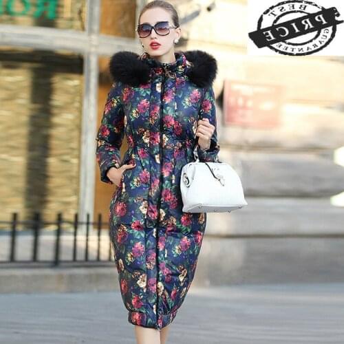 Womens Down Jacket Women Winter Real Raccoon Fur Hooded Duck Down Coat Female Korean Floral Warm Down Parkas Hiver 00a
