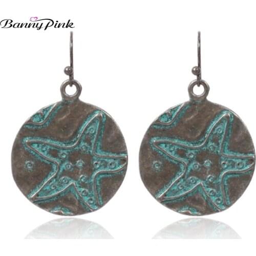 Banny Pink Vintage Metal Starfish Dangle Earrings For Women Ethnic Round Pendant Earrings Chunky Star Drop Earrings Pendientes