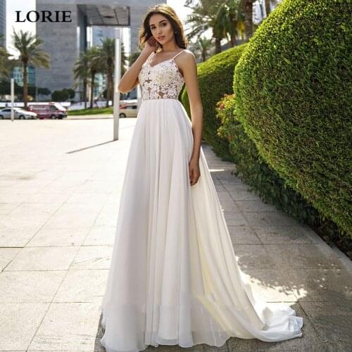 LORIE Chiffon Spaghetti Straps Beach Wedding Dress V Neck Appliqued Lace Bride Dresses Side Split Wedding Gown Vestido de novia