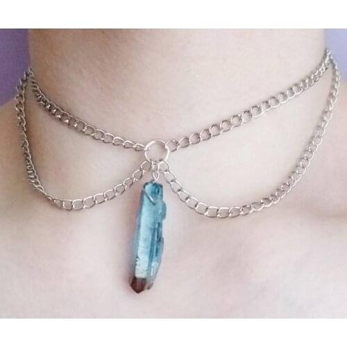 Aqua aura quartz choker - crystal choker - crystal point necklace raw crystal necklace - gothic necklace