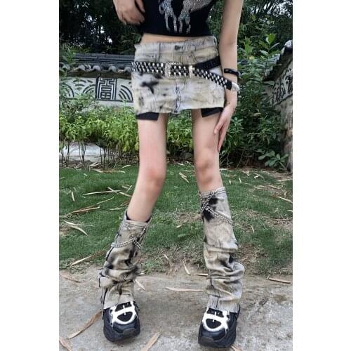 Original Design Tie Dyed Y2K Punk Mini Denim Skirt Leg Cover Low Waist Straight Skirt Subculture Hot Girl Gothic Punk Skirt Set