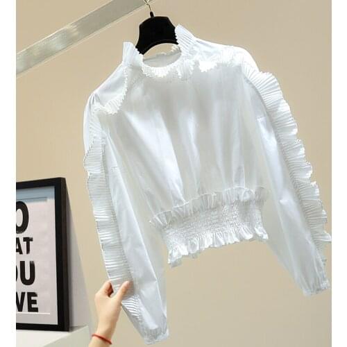 Ruffled High-Waist Women Blouse 2021 Spring Slim-Fit Elegant Womens Tops Pleated Splicing Long-Sleeve White Zipper Girls Shirt