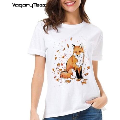 2021 new kawaii fox printed T shirt Women hipster cute T-shirt female Fashion Harajuku white O-neck tops Tshirt clothing