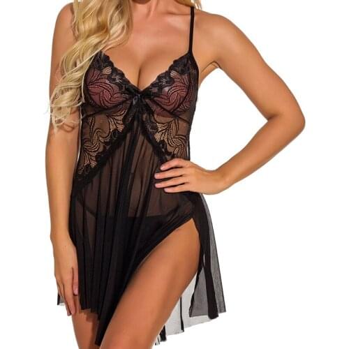 Women Sexy Lace Sleep Dress Erotic Transparent V Neck Sleeveless Solid Color Irregular Slits Female Mesh Underwear