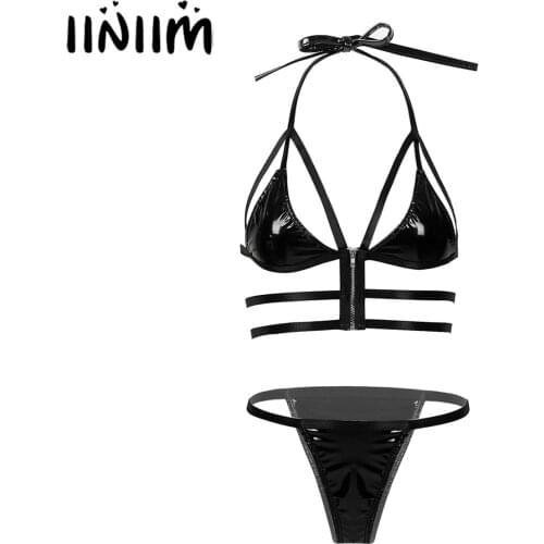 Womens Lingerie Suit Bikini Set Strappy Patent Leather Wet Look Swimsuit Lace-up Halter Neck Front Zipper Bra Tops with T-back