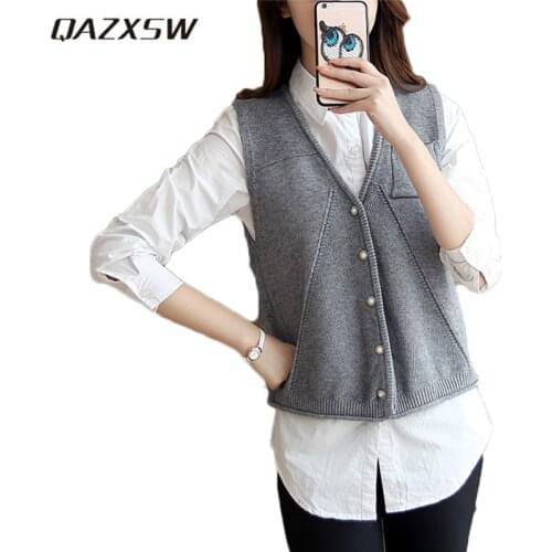 QAZXSW 2019 New Spring Waistcoat For Women Female Vest Knitted Coat Sleeveless Plus Size Women Vest Coat Colete Feminino HB633