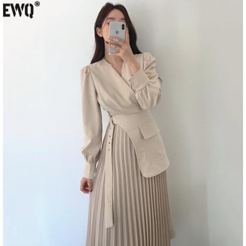 [EWQ] 2021 Autumn Female New Slim Casual V-neck Long Sleeve Minimalist Patchwork Pleated Hem A-Line Suit Dress With Belt 8Q821