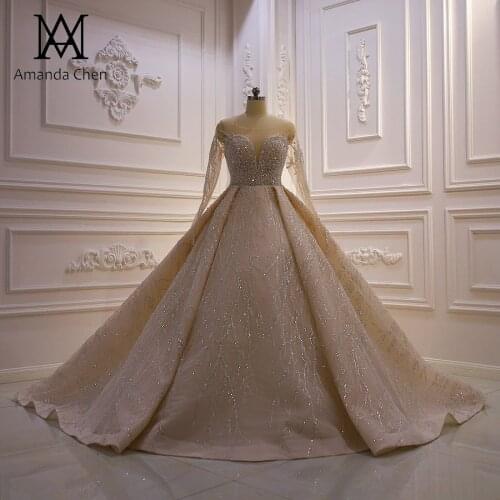 Vestido novia Long Sleeve Lace Appliqued Bead Glitter Wedding Dress