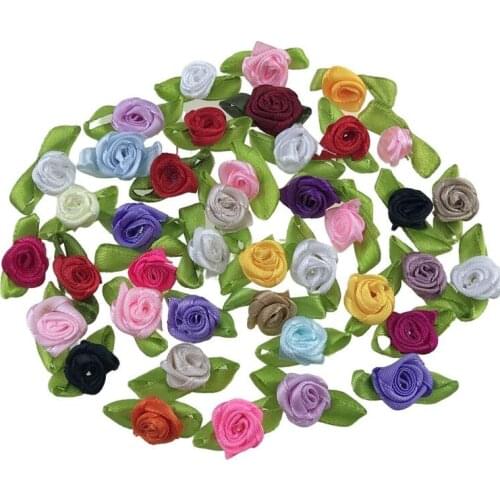 50PCS Mixed Colors Ribbon Rose Flowers With Leaf DIY Appliques Wedding Decorations