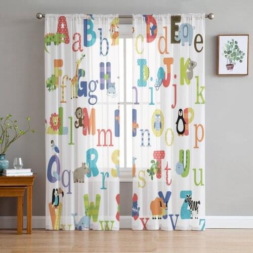 Abc Alphabet Of Cartoon Animals Sheer Curtains for Living Room Modern Voile Curtain Bedroom Tulle Curtains Window Drapes Decor