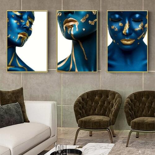 CNPAINTING Canvas Painting Nordic Wall Art Golden Blue Girl Poster Home Decor FIgure Picture Living Room No Frame