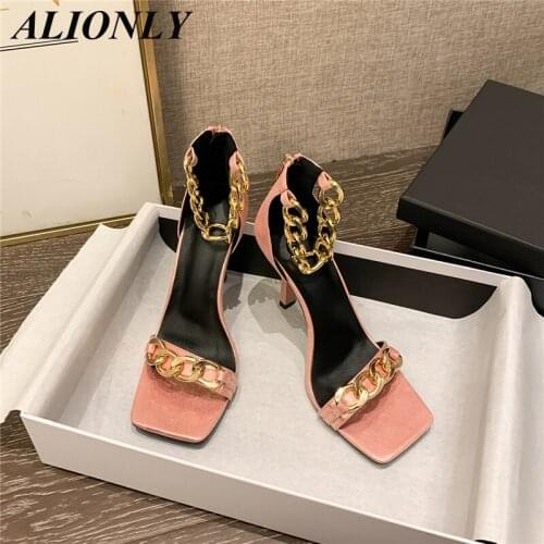 ALIONLY Fashion Catwalk Show Square Head Sandals for Women 2021 Summer Metal Chain Decoration Sexy High-Heeled Female Size35-42