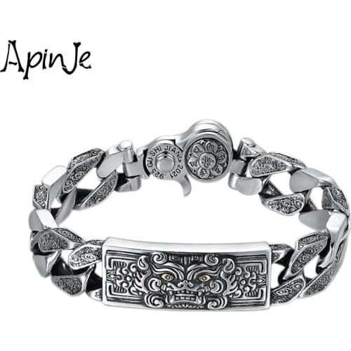 Apinje Thai Silver 925 Sterling Silver Bracelet for Men Pi Xiu Prayer Good Luck Gift Punk Mens Bracelet