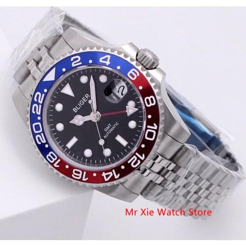 Bliger 40mm Automatic Mechanical Men Watch Luxury Sapphire Crystal Ceramic Bezel GMT Watch Luminous Waterproof Wristwatch Men
