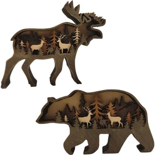 Wooden Forest Animal Crafts Elk Or Brown Bear Home Decor Home Decoration Accessories Kawaii Room Decor