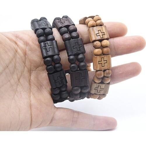 Wooden Cross Bracelet Elastic Strand Square Rosary Beads Bracelet Religious Catholic Christian Paryer Blessing Men Women Jewelry