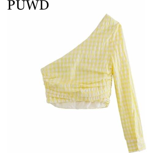 PUWD Elegant Women Yellow Plaid One Shoulder Shirts 2021 Summer Fashion Ladies Slim Streetwear Shirt Sweet Girls Chic Crop Tops