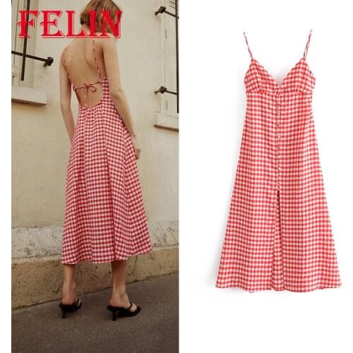 FELIN Za Streetwear Plaid Backless Dress Women Sexy Front Split Vintage Maxi Cami Dresses Summer Fashion 2021 Mujer Vestidos