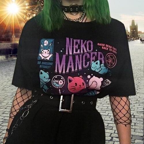 Neko Mancer T-Shirt Unisex Cute Aesthetic Grunge Black Tee Satantic Gothic Clothing Witch Shirt