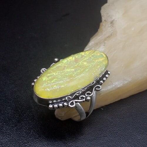 Gemstonefactory Jewelry Big Promotion Single Unique 925 Silver Yellow Dichroic Glass Fashion Women Men Gifts Rings 9# 20212631