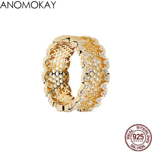 Anomokay 100% 925 Sterling Silver Bee Nest Lace Charming Finger Rings for Women Girl Fine CZ Rose Gold Ring Jewelry Anel Gift