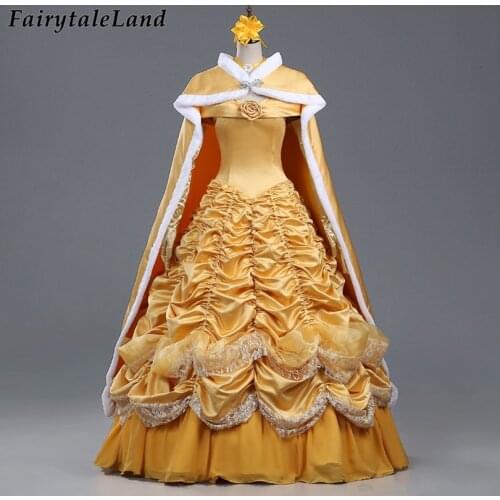 Halloween Princess Cosplay Adult Belle Costume Fancy Yellow Dress With Winter Cape Wedding Carnival Party Ball Gown