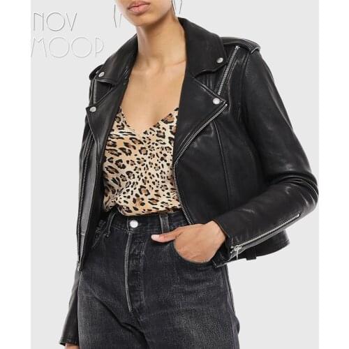 Novmoop 2020 genuine sheepskin leather high street fashion women jacket Chaqueta de cuero LT3190