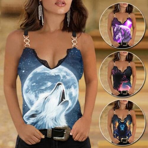 Summer WomenS Tube Top Female Thin Sleeveless V-Neck Spaghetti Camisole Wolf-Shaped Print Vest Fashion Retro T-Shirt 2021