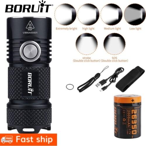 BORUiT BC15 4*XPG3 3000LM Powerful LED Flashlight USB Rechargeable 26350 6-Mode Super Bright Torch for Camping Mountaineering
