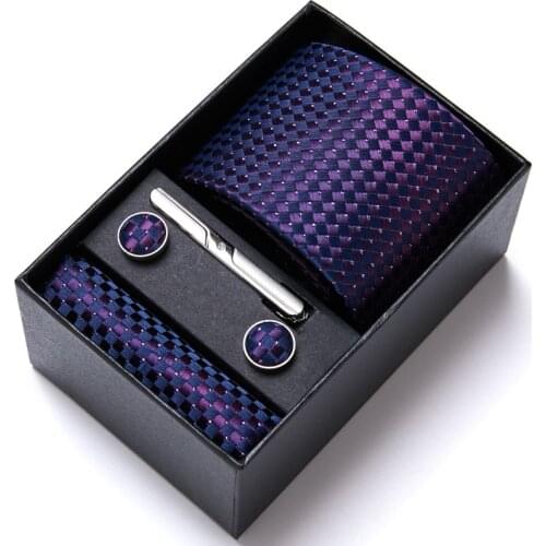 Men Gift Silk Woven 7.5cm New Solid Purple Tie Necktie Hanky Cufflinks&Clips Set Fashion Party Wedding Tie Set
