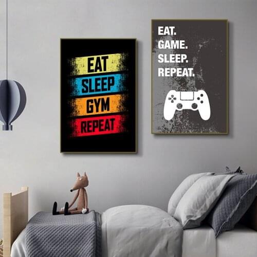 Eat Sleep Game Repeat Gaming Wall Art Poster Gamer Canvas Painting Poster and Prints for Boys Room Decorative Picture Playroom