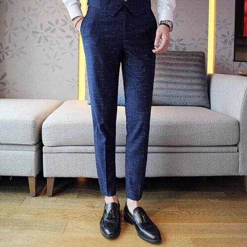 2019 New Mens Fashion Boutique Dark Plaid Business Casual Suit Pants / High-end Brand Casual Suit Pants Mens Trousers