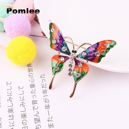 Pomlee Colorful Butterfly Design Gold Color Metal Brooch Pins Rhinestone Inlaid Beautiful Insect Brooches Pin Women Jewelry