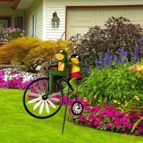 Retro Bike Wind Spinner Metal Stake Frog on Bicycle Windmill Yard Lawn Decor