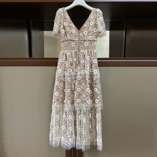 Luxury High Quality Women 2021 Runway Fashion Summer Flower Embroidery Sexy V-Neck Party Holiday Dress