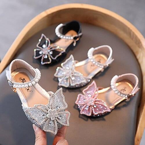 Girls Shoes Crystal Princess Shoes Bow Bling Dance Party Shoes String Bead Ankle Strap Sandals Pearls Kids Child Flats 1-12y
