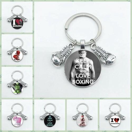 Unique Essential Keychain Boxing Gloves Keychain Gloves Pendant Convex Round Glass Keychain Inspirational Personality Keychai