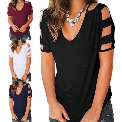 Womens Tops V Neck Cotton T Shirts 2021 New Summer Solid Color Short Sleeve Tee Hollow Casual Loose Femmel T-Shirt blusas mujer