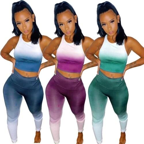 Classic 2 Pieces Women Outfits Printed Gradient Sleeveless Tank Tops Tight Long Pencil Pants Casual Gym Workout Yoga Tracksuits
