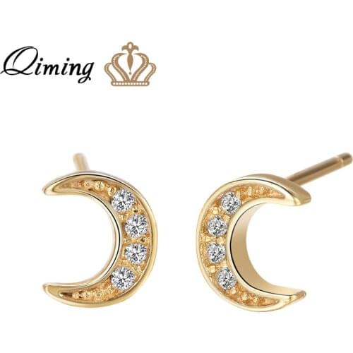 QIMING Tiny Crescent Moon Earrings Female Women Golden Color CZ Crystal Luxury Stud Earrings Wedding Gift Cheap Jewelry