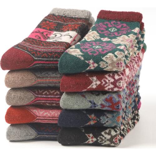 Johnature 5 pairs/lot Women Warm Vintage Print Floral Socks Winter Autumn Thick Chinese Style Female Terry Rabbit Hair Socks
