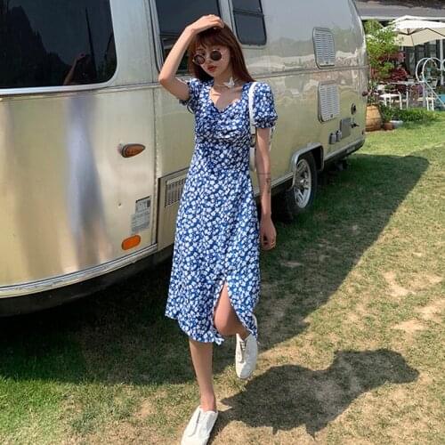 Womens Summer Long Dress 2021 French Hepburn Style Floral Split Midi Dress Thin Gentle Wind Print Dresses Female Beach Holiday
