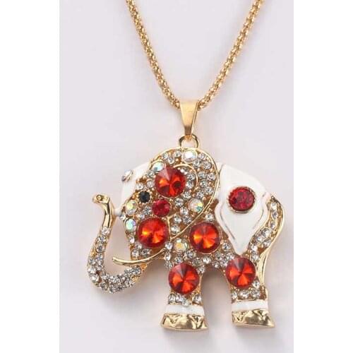 Cute Lucky Red Elephant Large Crystal Rhinestone Necklace Pendant Long Necklace For Womens Fine Jewelry Gifts