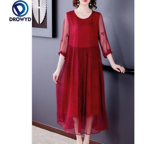 2021 Elegant Embroidery Red Mulberry Silk Maxi Dress Summer Vintage Loose O-neck Midi Dress Women Elegant Bodycon Party Vestidos